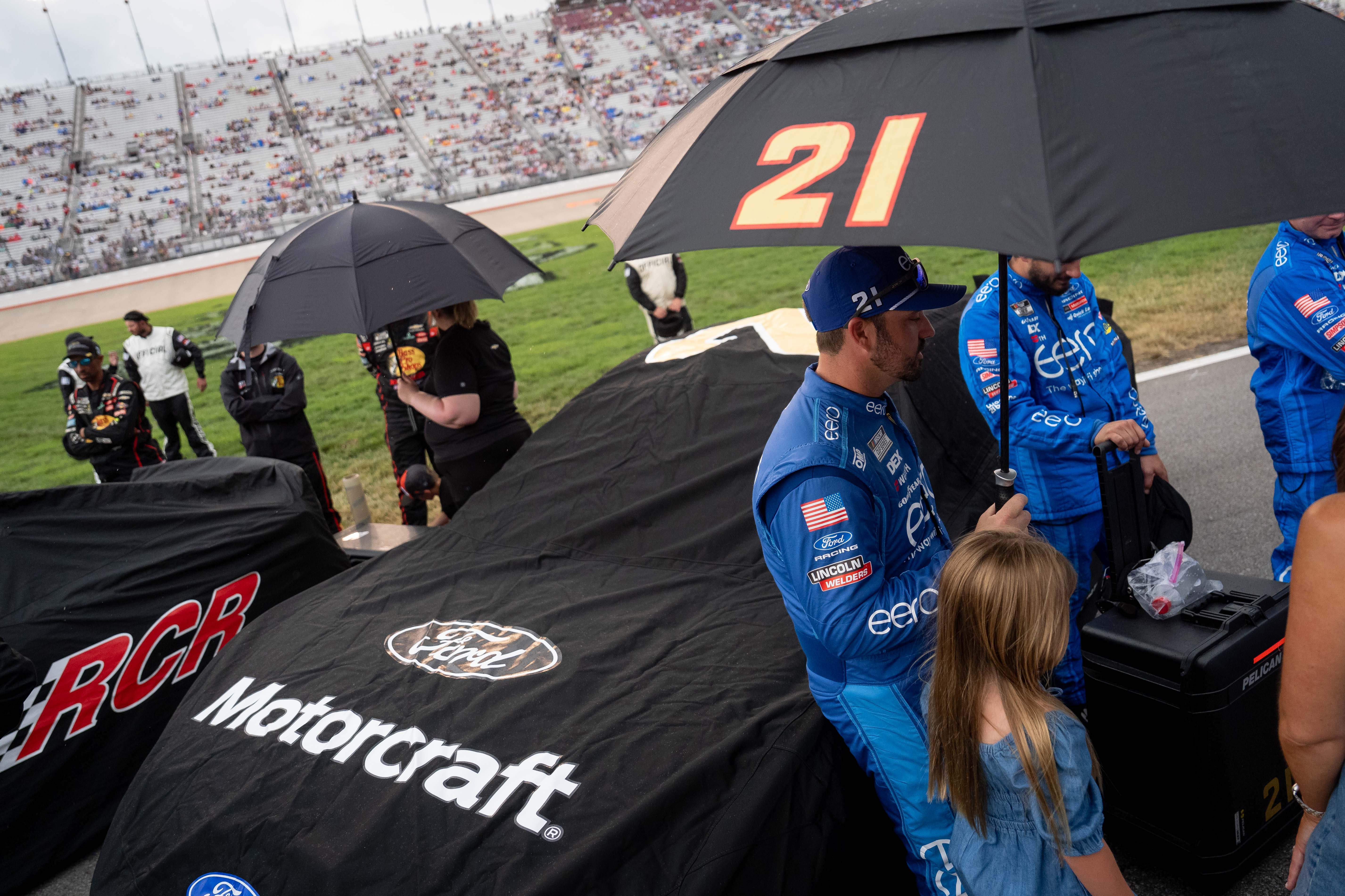 Josh Berry waits out the rain before a NASCAR Cup Series auto race, Sunday, May 31, 2026, in Lebanon, Tenn. 