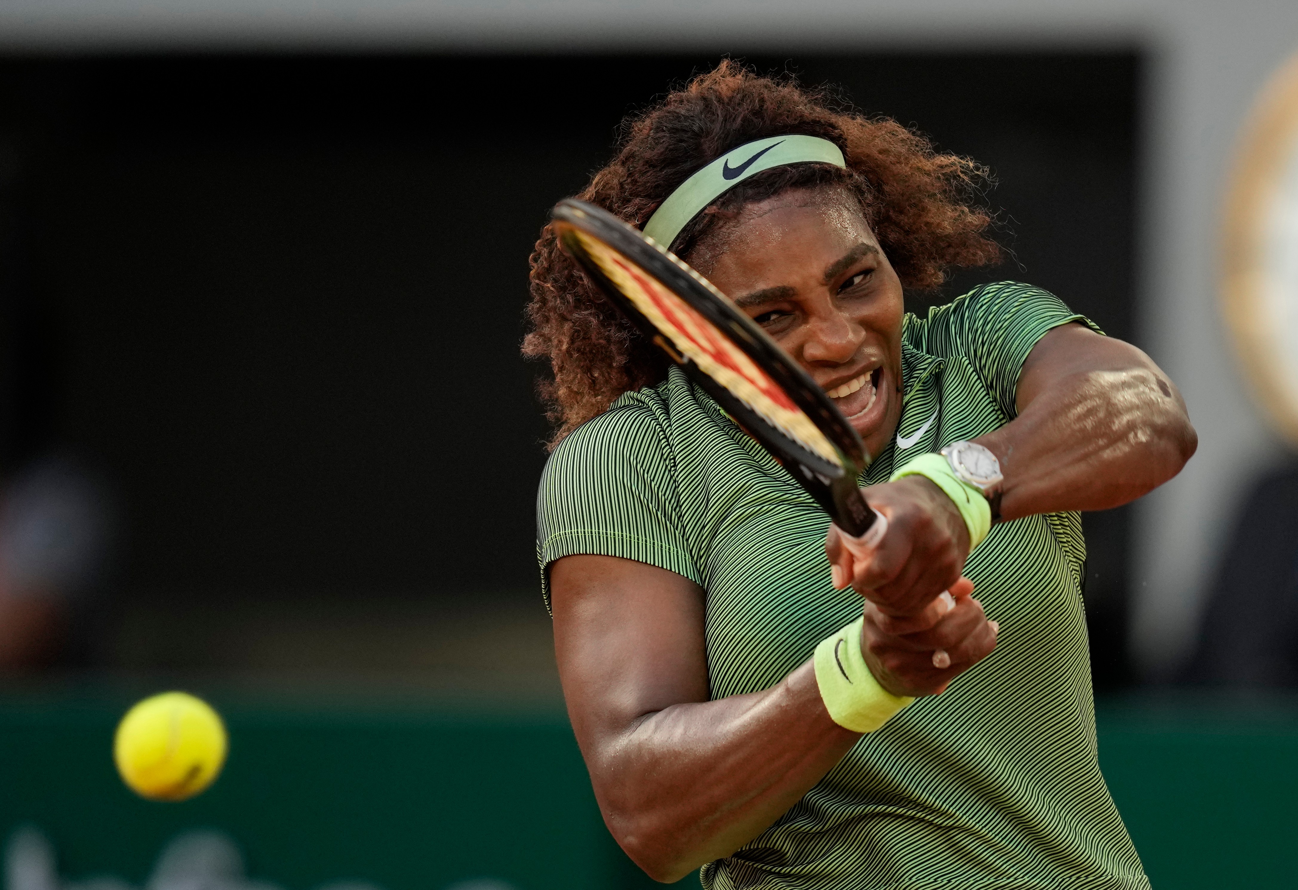 FILE - United States Serena Williams plays a return to Romania's Mihaela Buzarnescu during their second round match on day four of the French Open tennis tournament at Roland Garros in Paris on June 2, 2021.