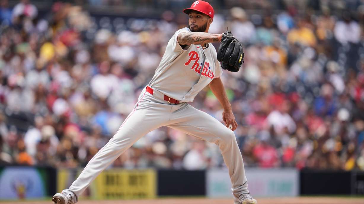 Philadelphia Phillies starting pitcher Cristopher Sánchez works against a San Diego Padres batter during the second inning of a baseball game Wednesday, May 27, 2026, in San Diego.