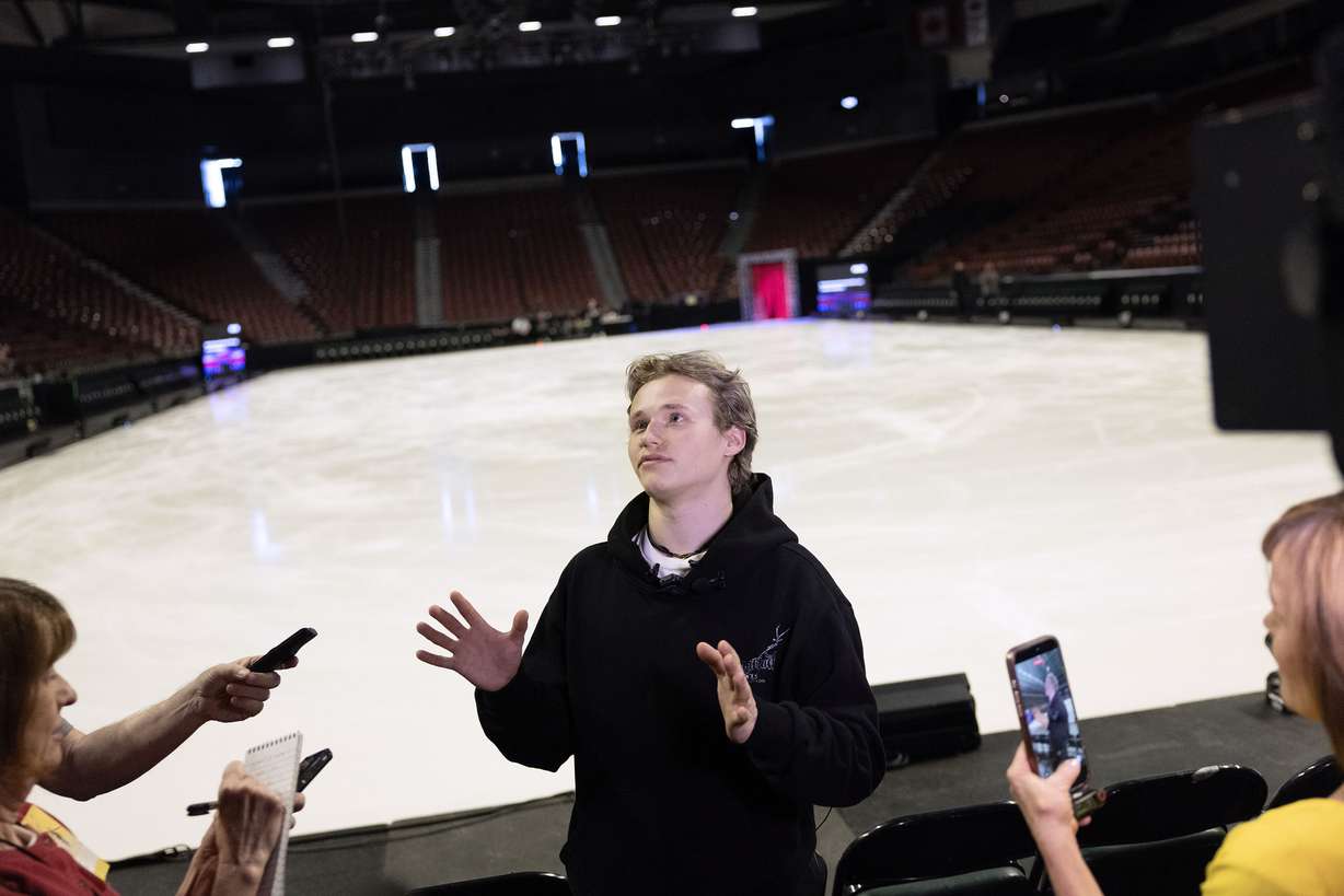 American figure skater Ilia Malinin speaks to reporters before practicing for Stifel Stars on Ice at the Maverik Center in West Valley on May 14. Utah will serve as host of the U.S. Figure Skating Championships for the first time since 1999, with championship-level competition taking place Jan. 5-10, 2027, at the Maverik Center, the site of the 2002 Olympic Winter Games and the upcoming 2034 Olympic Winter Games.