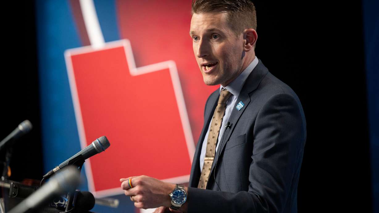 Nate Blouin talks with the media following a debate with Liban Mohamed, Ben McAdams and Michael Farrell in the 1st Congressional District Democratic primary debate at the Eccles Broadcast Center in Salt Lake City on Wednesday.