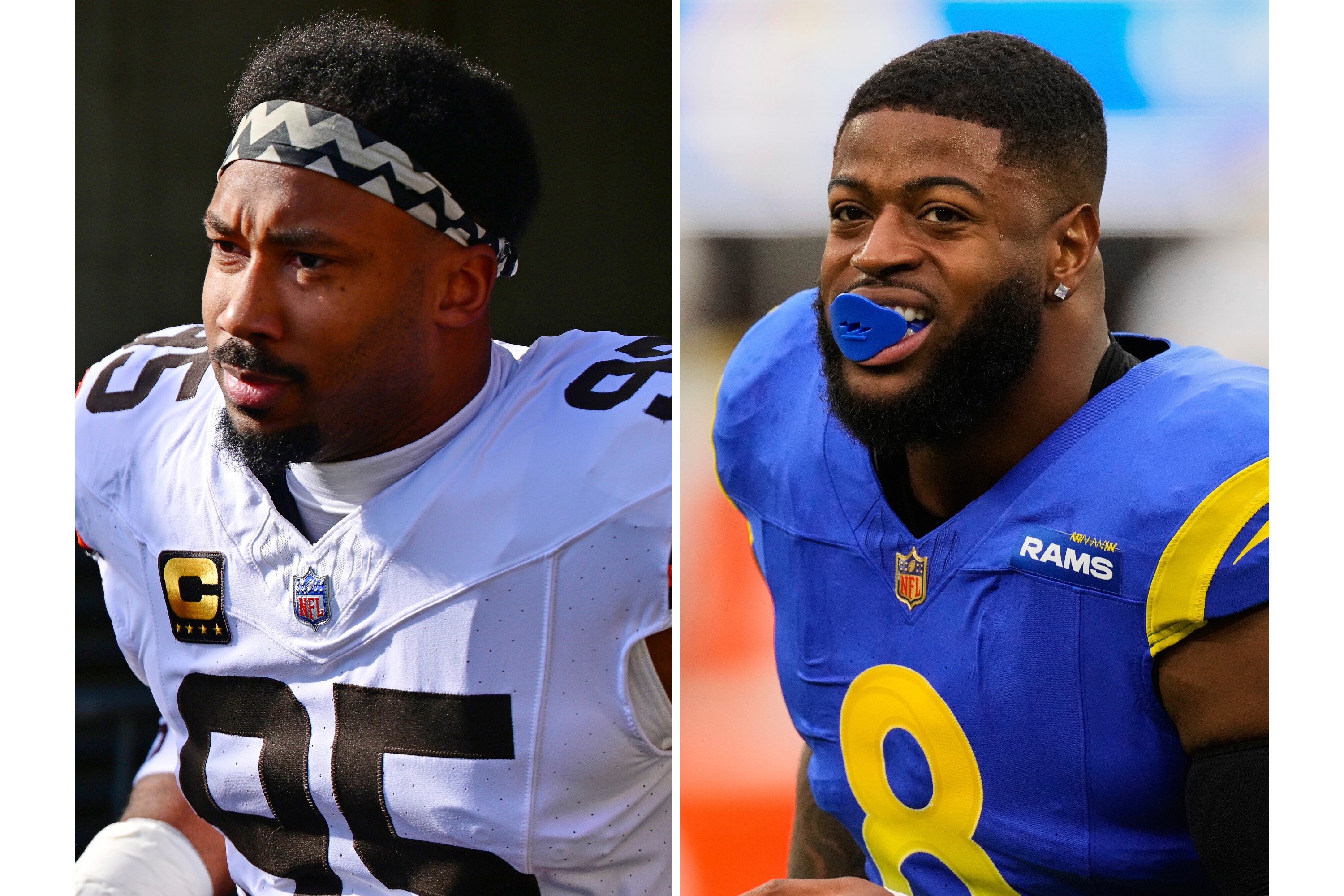 FILE - This photo combination shows Cleveland Browns defensive end Myles Garrett, left, in Cincinnati, Jan. 4, 2026, and Los Angeles Rams linebacker Jared Verse, Jan. 4, 2026, in Inglewood, Calif. 