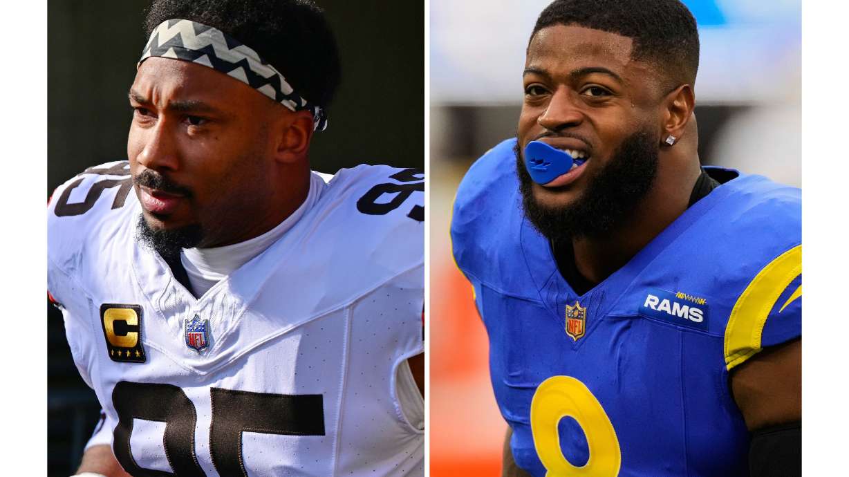 FILE - This photo combination shows Cleveland Browns defensive end Myles Garrett, left, in Cincinnati, Jan. 4, 2026, and Los Angeles Rams linebacker Jared Verse, Jan. 4, 2026, in Inglewood, Calif.