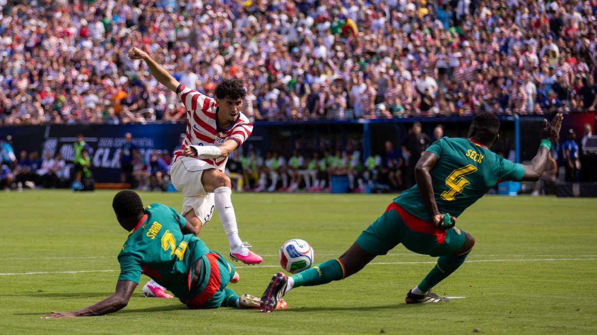 United States forward Ricardo Pepi, top left, has a shot blocked by Senegal defender Abdoulaye Seck (4) during the first half of an international friendly soccer match Sunday, May 31, 2026, in Charlotte, N.C.