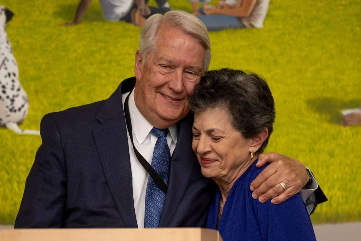 Former Senate President John Valentine and former Utah State Rep. Patrice Arent, the bill sponsors of the Utah Newborn Safe Haven law, share an embrace during an event celebrating the 25th anniversary of the law on Monday.