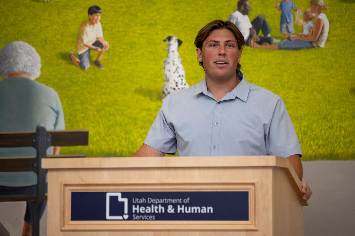 Sam Peterson, an adopted Newborn Safe Haven baby, speaks during an event celebrating the 25th anniversary of the newborn safe haven law at the Multi-State Agency Building in Salt Lake City on Monday.
