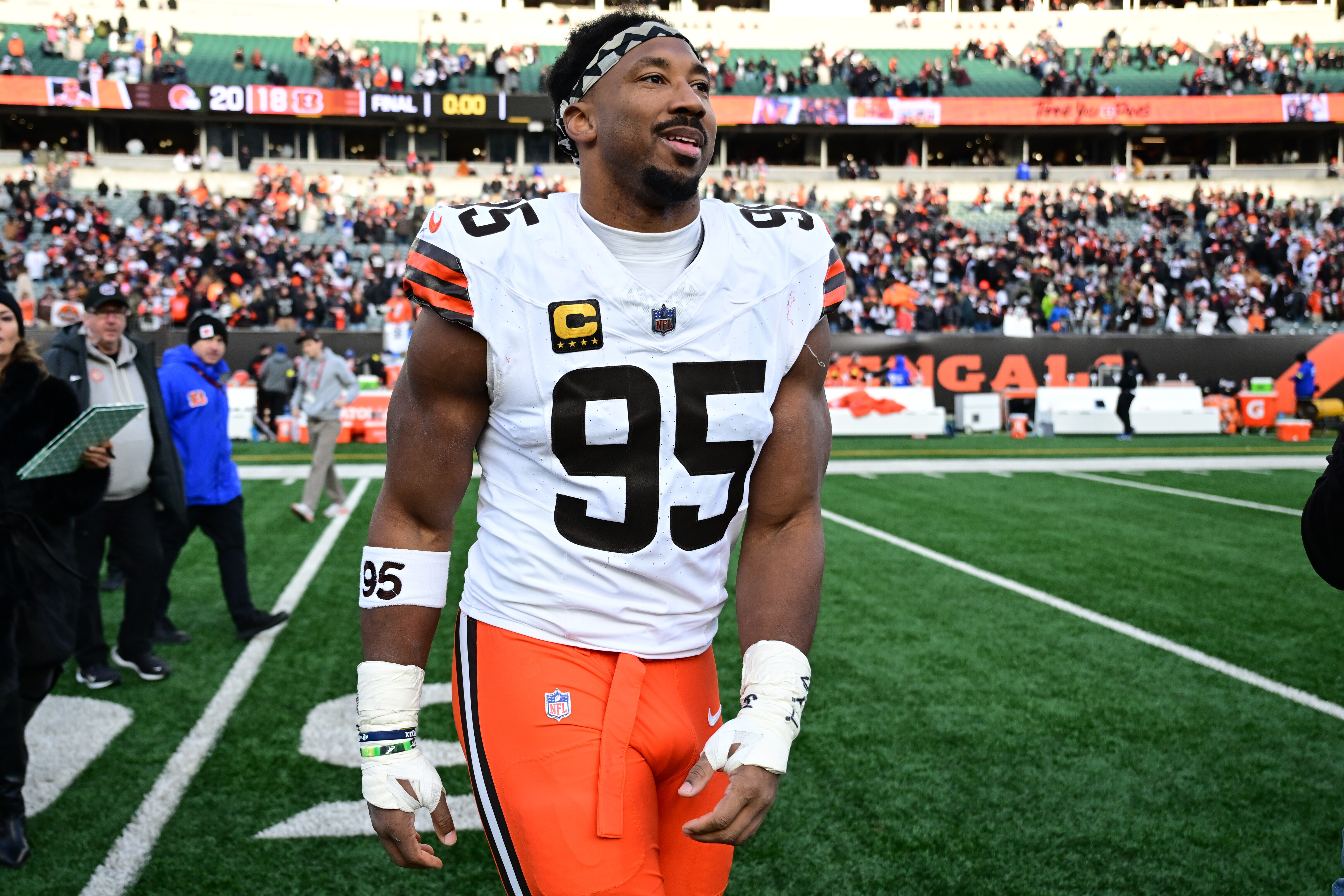 FILE - Cleveland Browns defensive end Myles Garrett celebrates with fans after an NFL football game against the Cincinnati Bengals in Cincinnati, Jan. 4, 2026. 