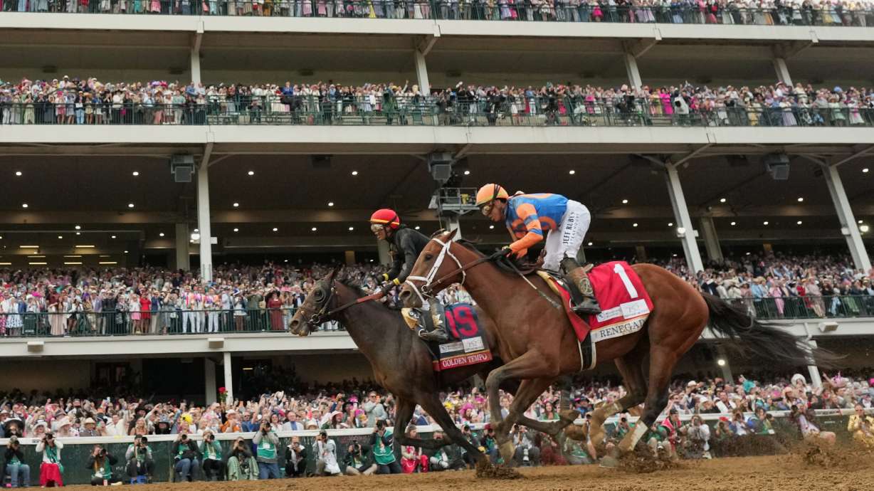 Golden Tempo (19) ridden by Jose L. Ortiz wins the 152nd running of the Kentucky Derby horse race followed by Renegade (1) ridden by Irad Ortiz, Jr., at Churchill Downs, Saturday, May 2, 2026, in Louisville, Ky.