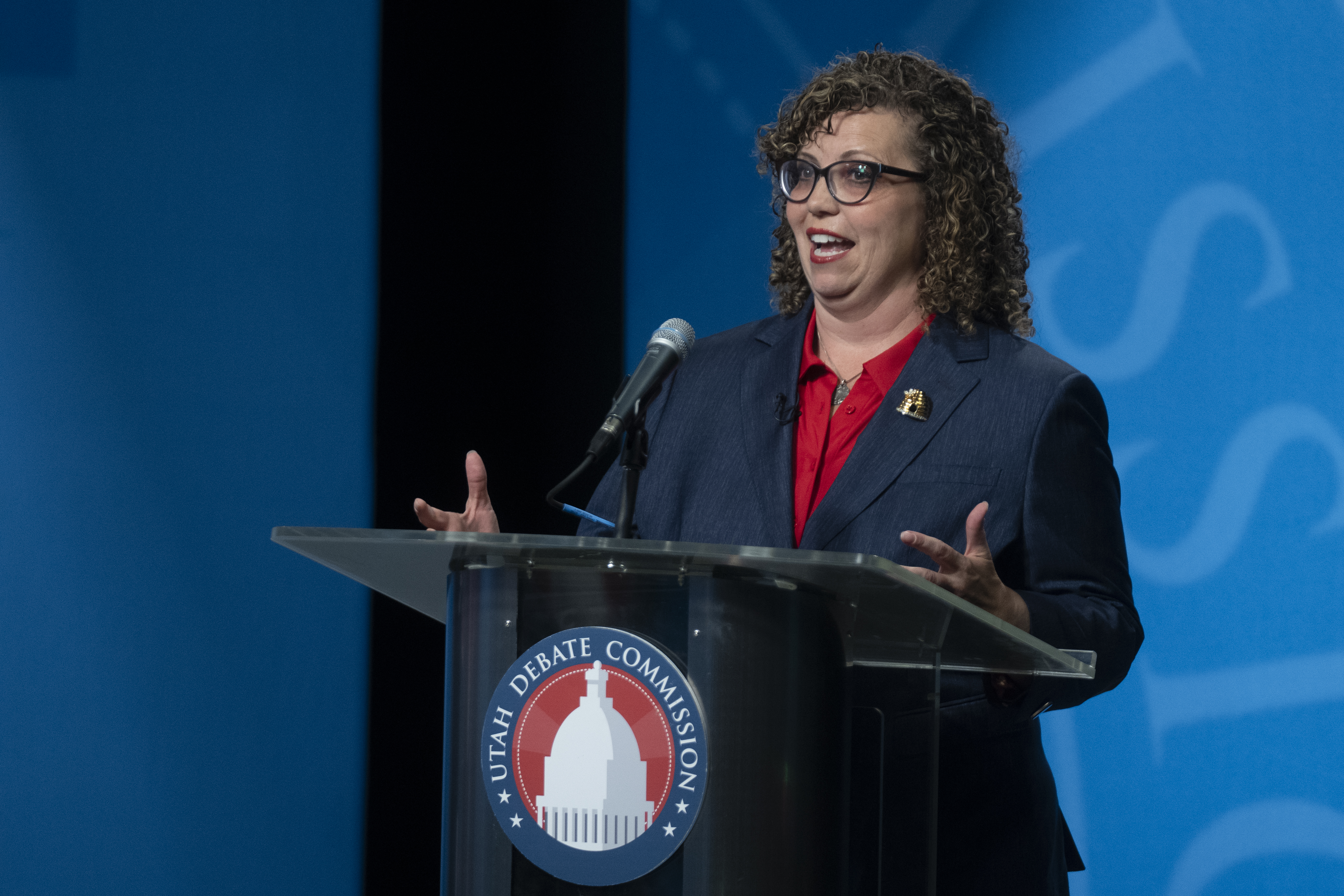 Celeste Maloy answers a question during the 3rd Congressional District GOP primary debate against Phil Lyman in Salt Lake City on June 1.