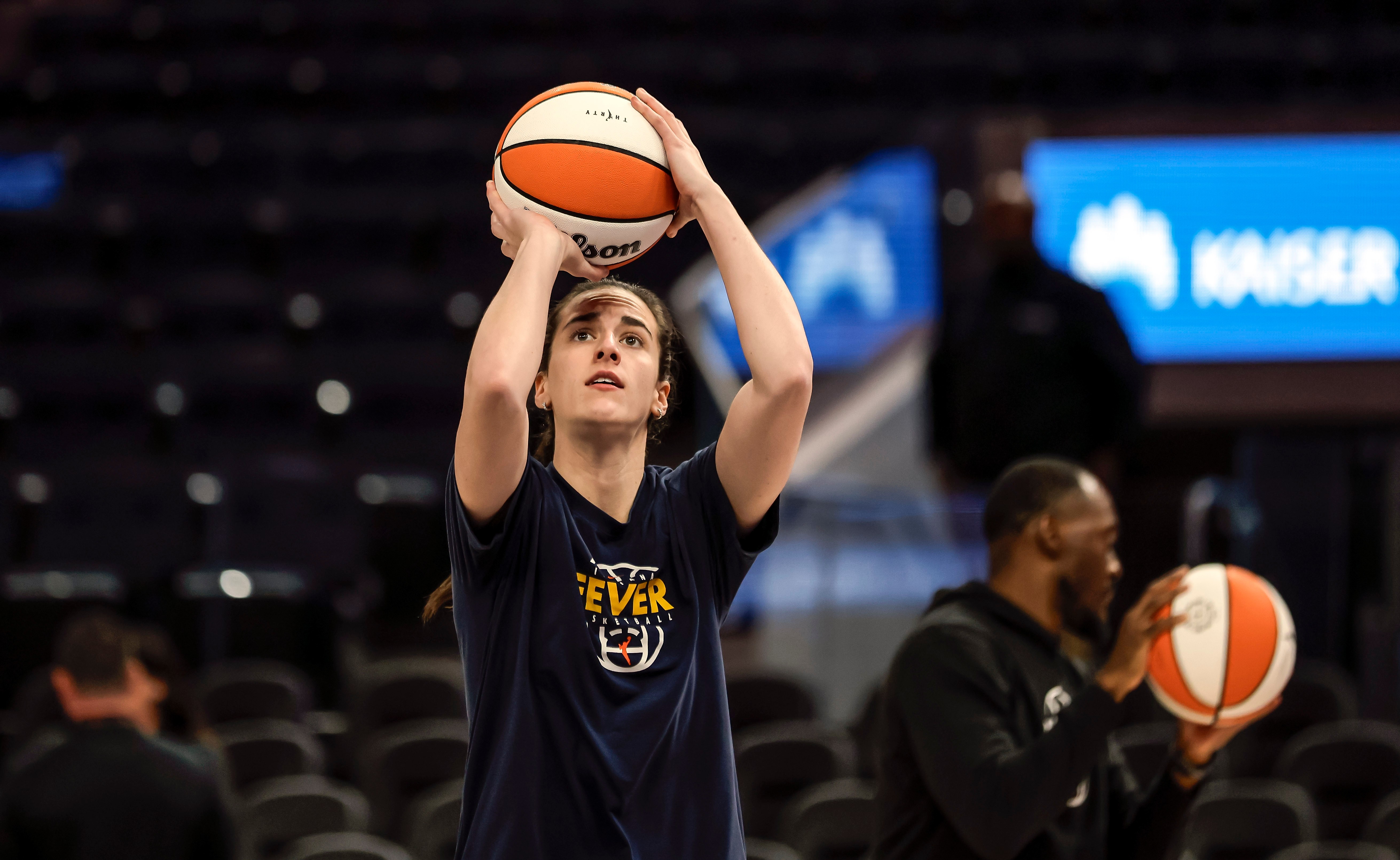 Indiana Fever's Caitlin Clark warms up before the Golden State Valkyries played the Indiana Fever at Chase Center in San Francisco Thursday, May 28, 2026.