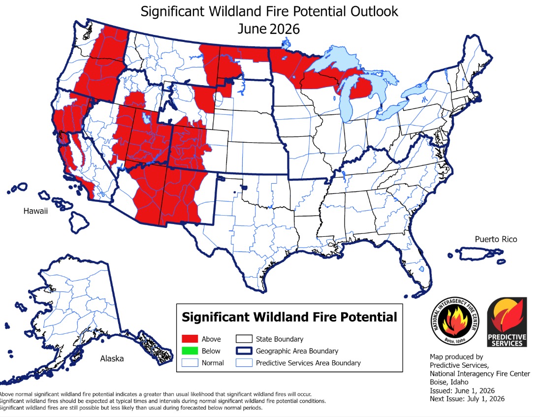 This map shows projected fire danger across the U.S. for June, based on current land conditions. All of Utah is listed as having above-normal fire potential.