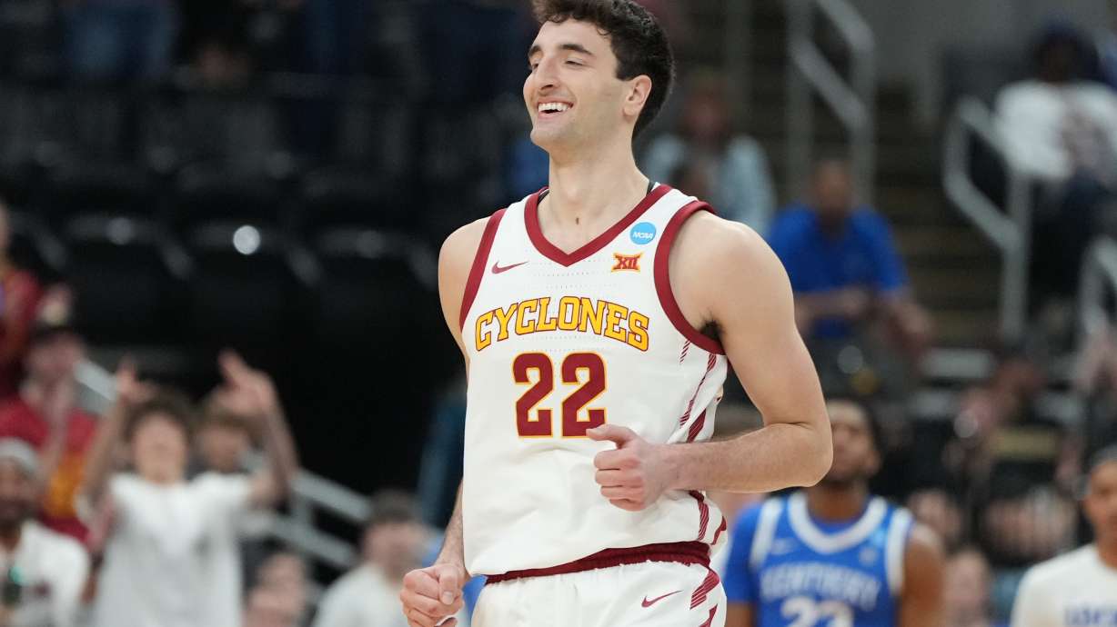 FILE -Iowa State's Milan Momcilovic celebrates during the second half in the second round of the NCAA college basketball tournament against Kentucky, Sunday, March 22, 2026, in St. Louis.