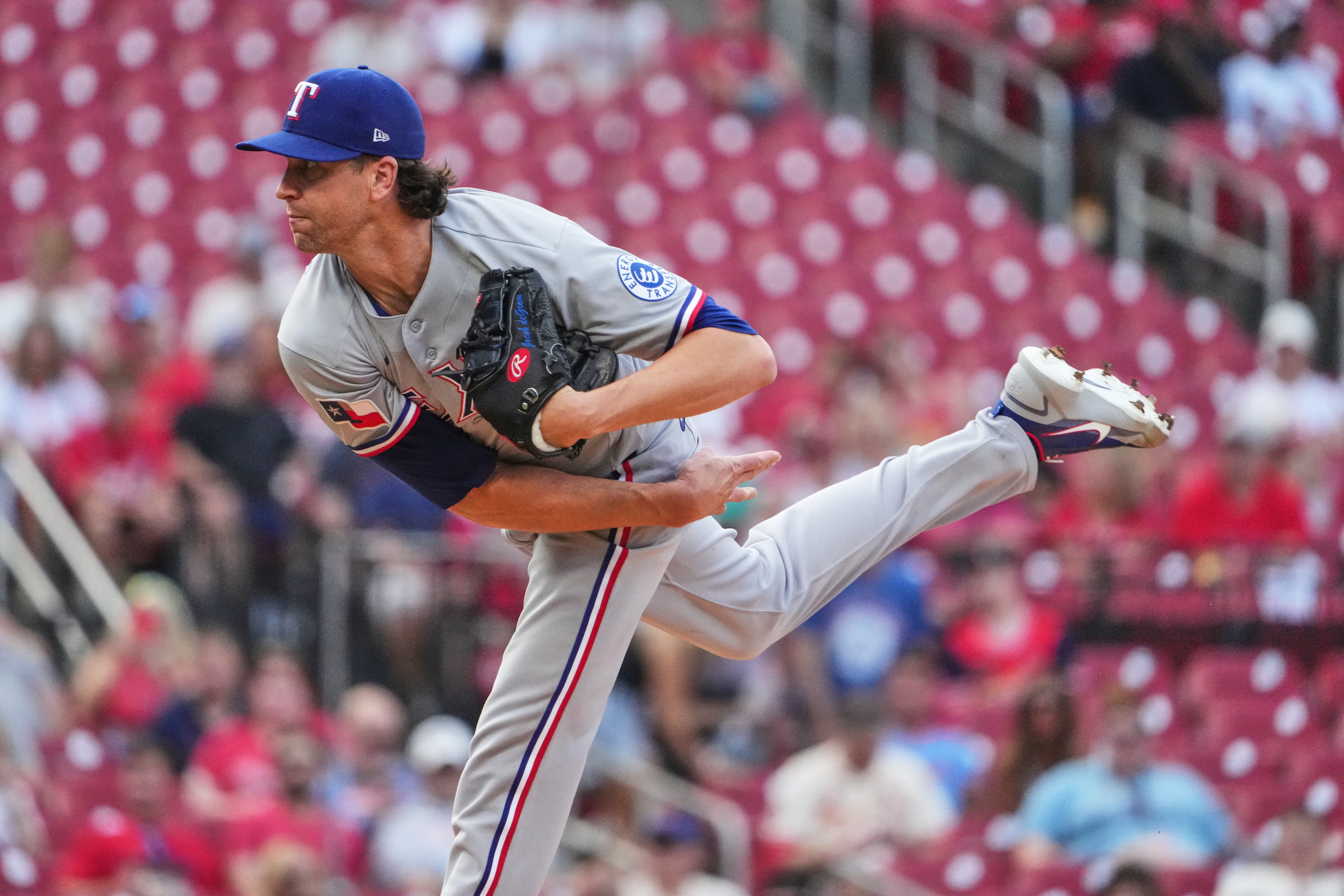 Texas Rangers starting pitcher Jacob DeGrom throws during the first inning of a baseball game against St. Louis Cardinals Monday, June 1, 2026, in St. Louis. 