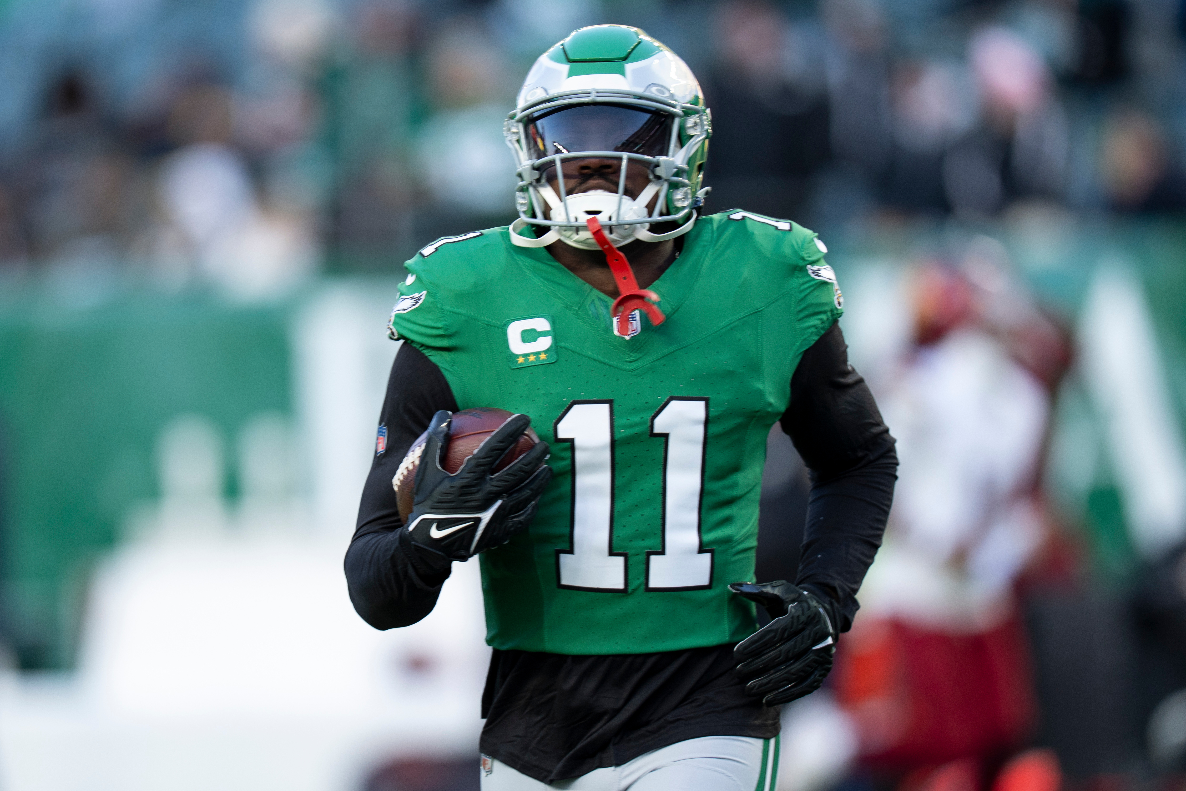 FILE - Philadelphia Eagles wide receiver A.J. Brown in action prior to an NFL football game against the Washington Commanders, Jan. 4, 2026, in Philadelphia. 