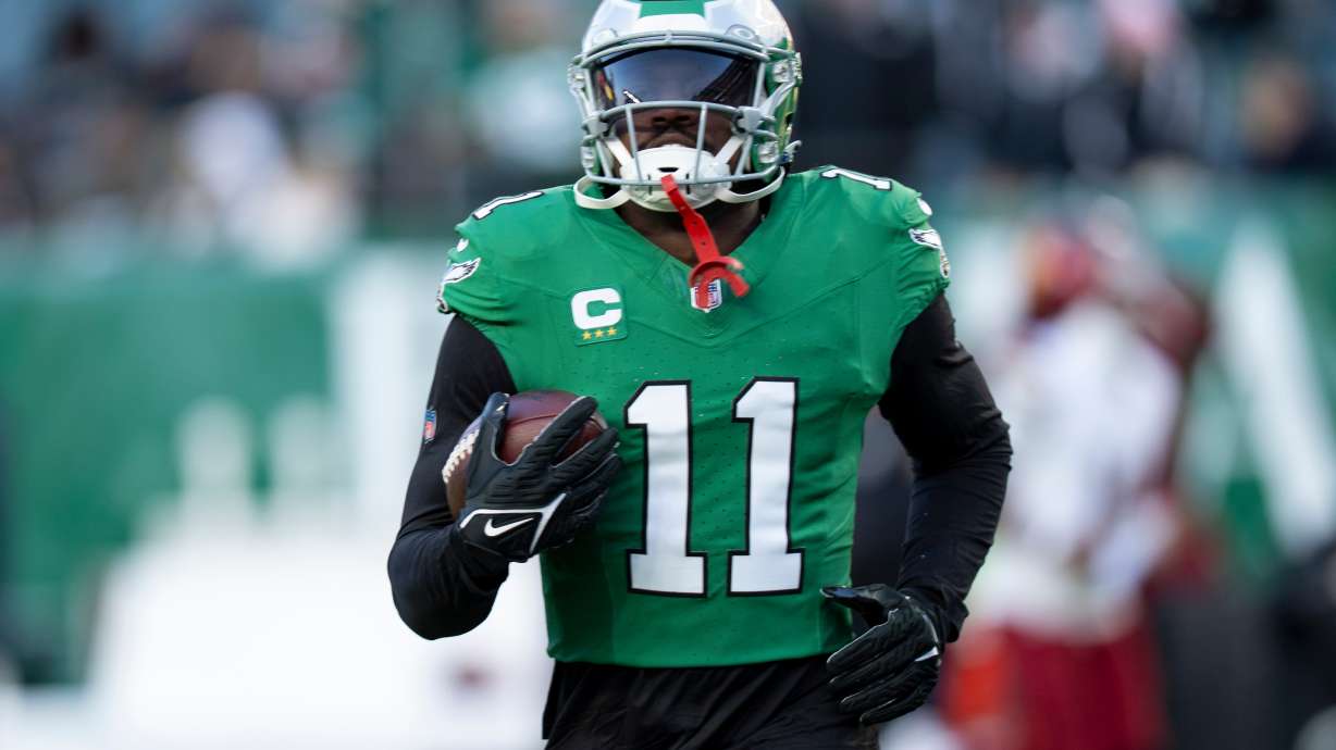 FILE - Philadelphia Eagles wide receiver A.J. Brown in action prior to an NFL football game against the Washington Commanders, Jan. 4, 2026, in Philadelphia.