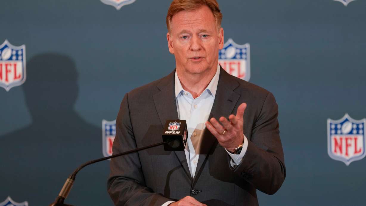 NFL commissioner Roger Goodell answers questions during a news conference at the NFL football owners' meetings Tuesday, May 19, 2026, in Orlando, Fla.