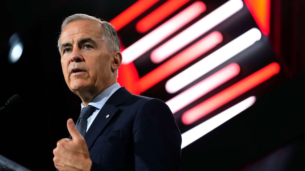 Canadian Prime Minister Mark Carney makes an address at the Canadian Association of Defense and Security Industries' annual defense industry trade show, CANSEC, in Ottawa, on Wednesday.