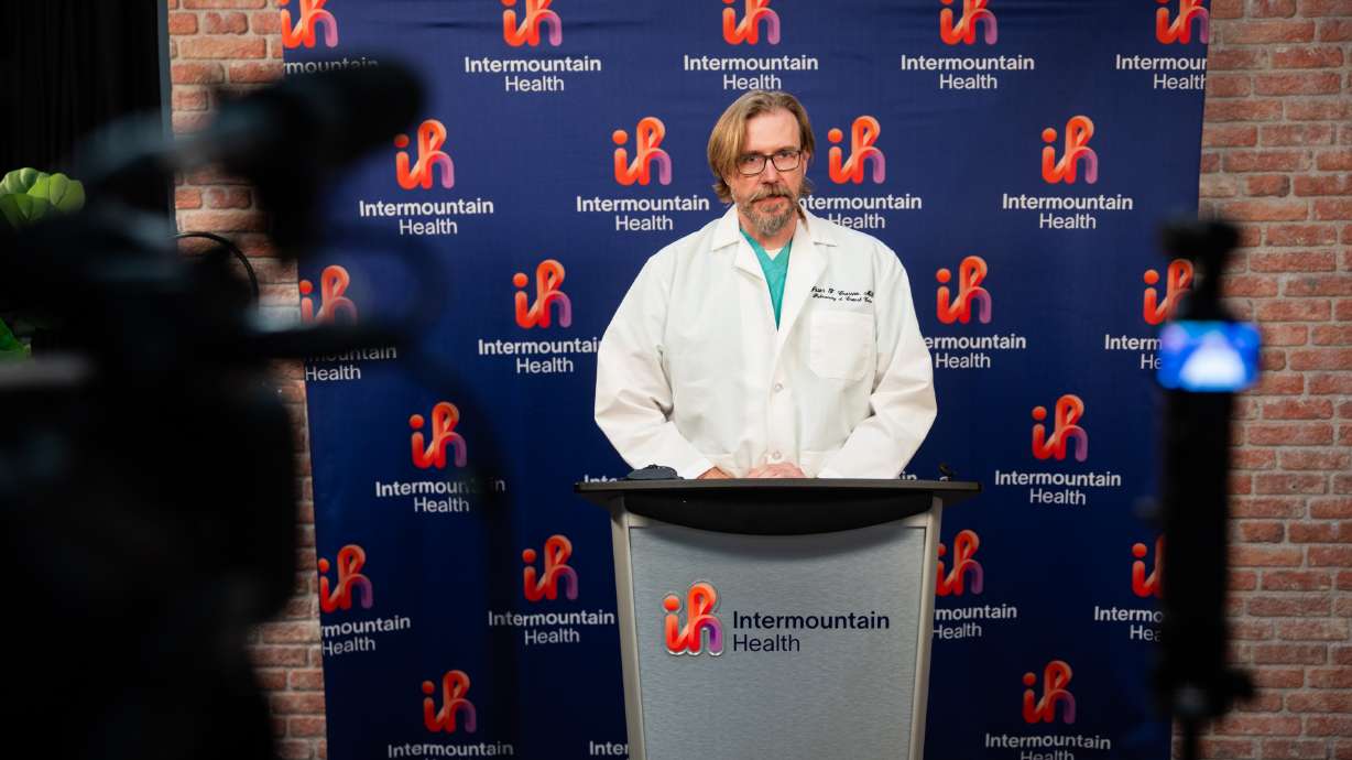 Dr. Peter Crossno speaks to the media about a study that found AI technology can aid in the treatment of chronic obtrusive pulmonary disease and asthma at Intermountain Health Transformation Center in Murray on Tuesday.