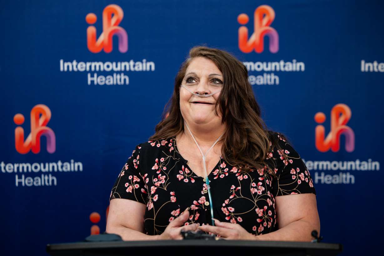 Jill Bailey, a patient, speaks to the media about a new Intermountain study that used AI technology to help treat her asthma at Intermountain Health Transformation Center on Tuesday.