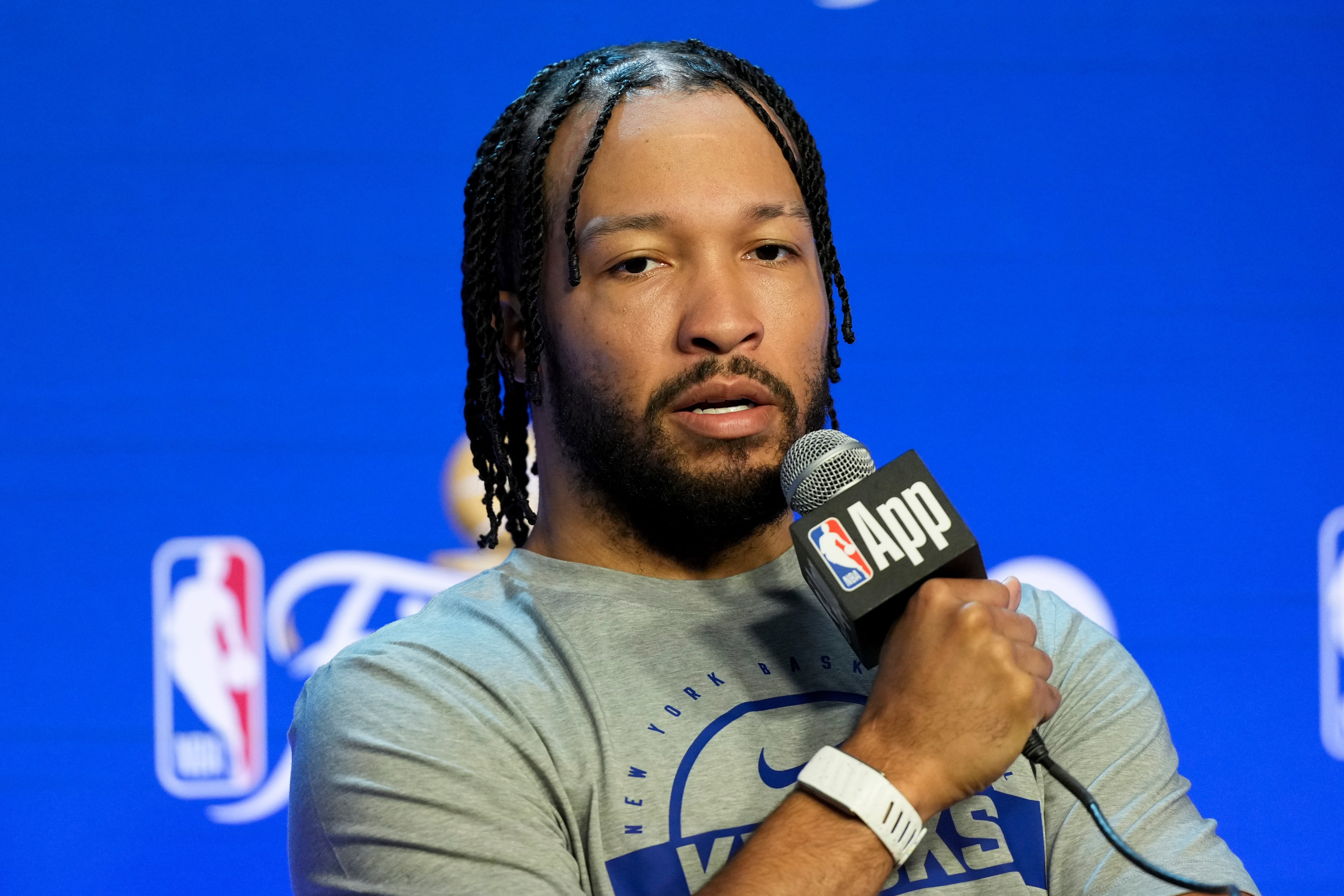 New York Knicks guard Jalen Brunson speaks with the media prior to the start of the NBA Finals basketball series against the San Antonio Spurs, Tuesday, June 2, 2026, in San Antonio. 