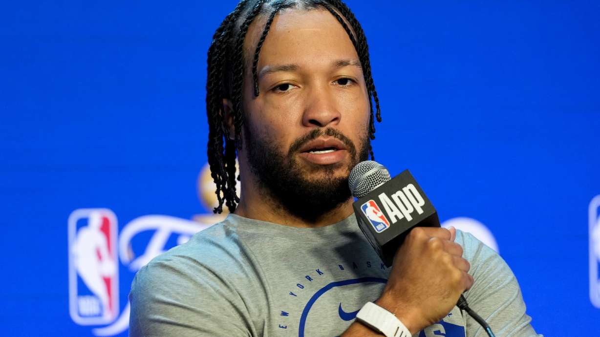 New York Knicks guard Jalen Brunson speaks with the media prior to the start of the NBA Finals basketball series against the San Antonio Spurs, Tuesday, June 2, 2026, in San Antonio.