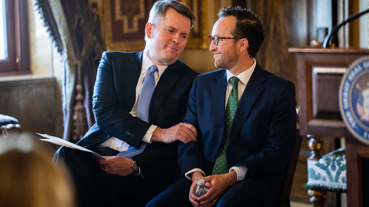 Jay Jorgensen, left, and Stephen Dent sit as Gov. Spencer Cox announces them as two new appointees to the Utah Supreme Court at the Capitol in Salt Lake City on June 2. A Senate committee advanced the nominations on Monday.