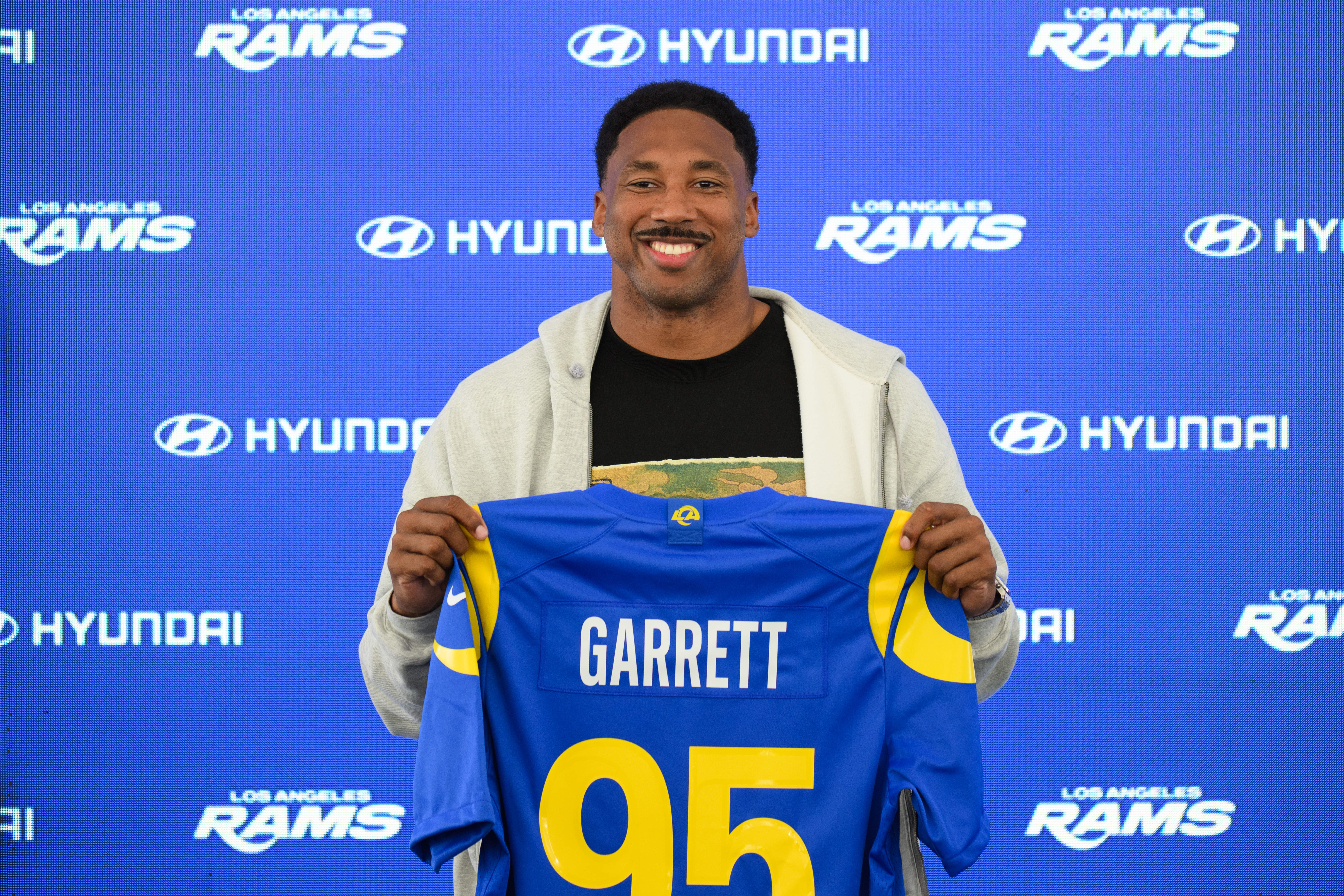 Los Angeles Rams defensive end Myles Garrett pose for a photo during a press conference following the NFL football team's practice, Tuesday, June 2, 2026, in Woodland Hills, Calif. 