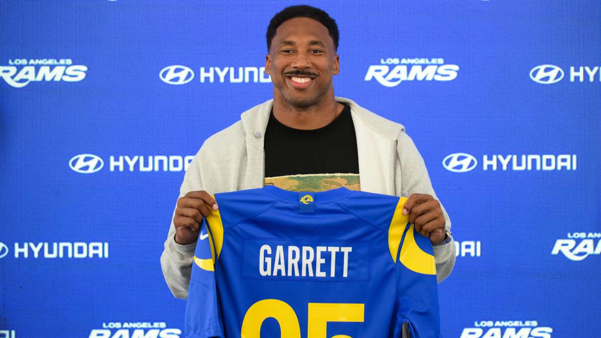 Los Angeles Rams defensive end Myles Garrett pose for a photo during a press conference following the NFL football team's practice, Tuesday, June 2, 2026, in Woodland Hills, Calif.