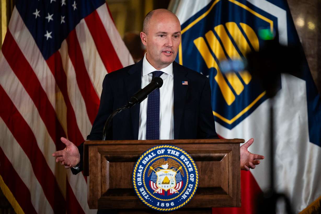 Gov. Spencer Cox speaks during a press conference on the last day of the legislative session in the Capitol's Gold Room in Salt Lake City on March 6.