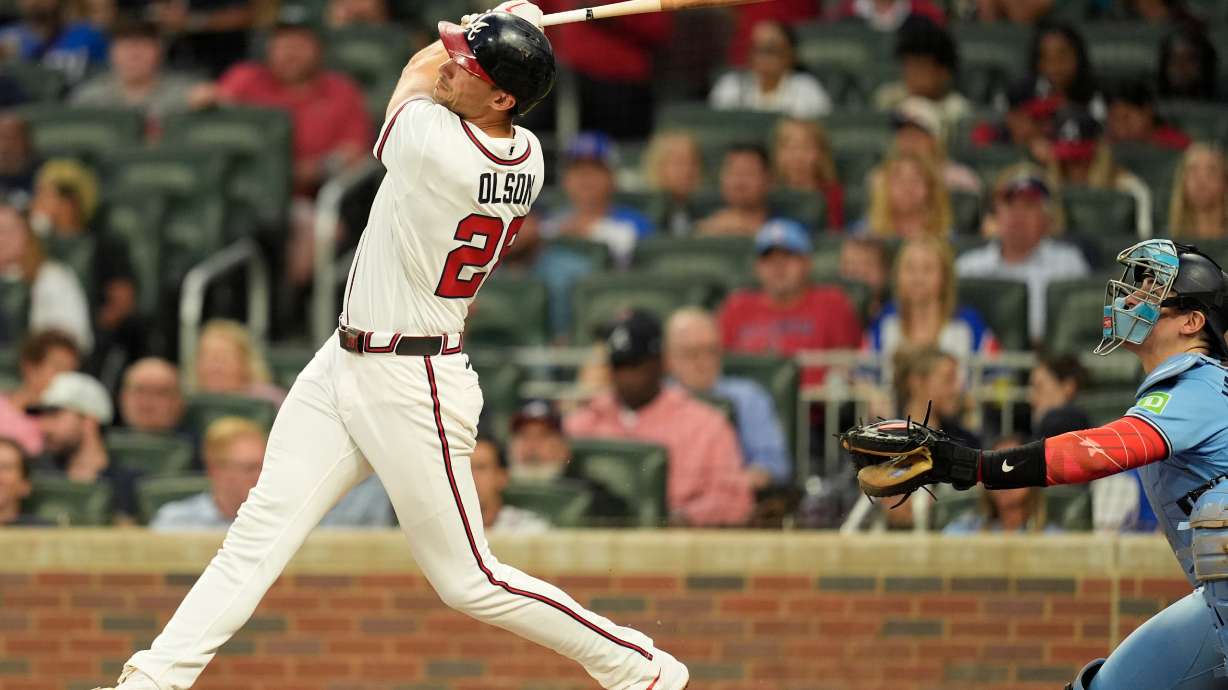 Atlanta Braves' Matt Olson hits a solo homerun against the Toronto Blue Jays in the sixth inning of a baseball game, Tuesday, June 2, 2026, in Atlanta.