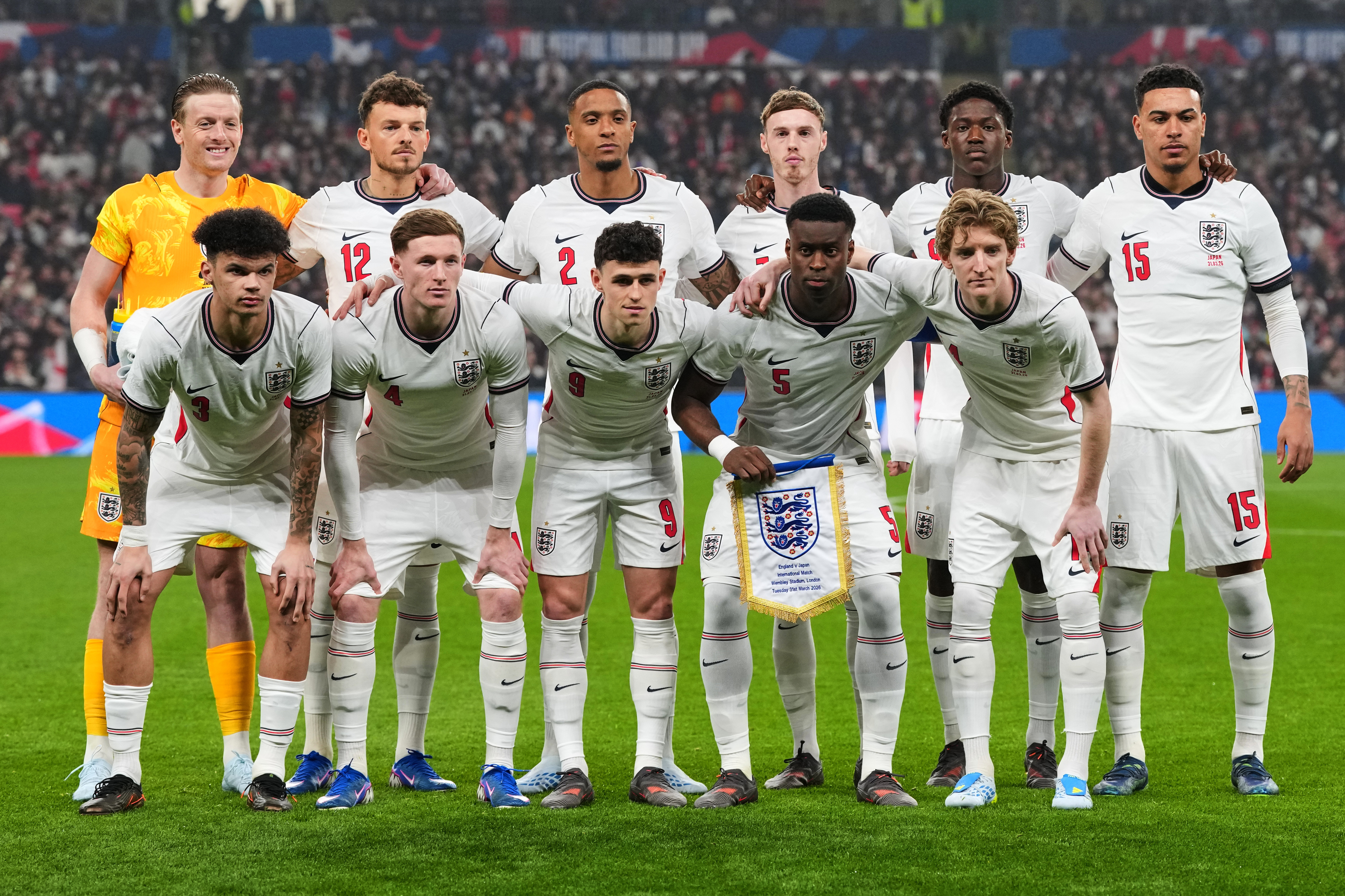 FILE - England players pose for a team photo before the start of the International friendly soccer match between England and Japan in London, Tuesday, March 31, 2026 . 