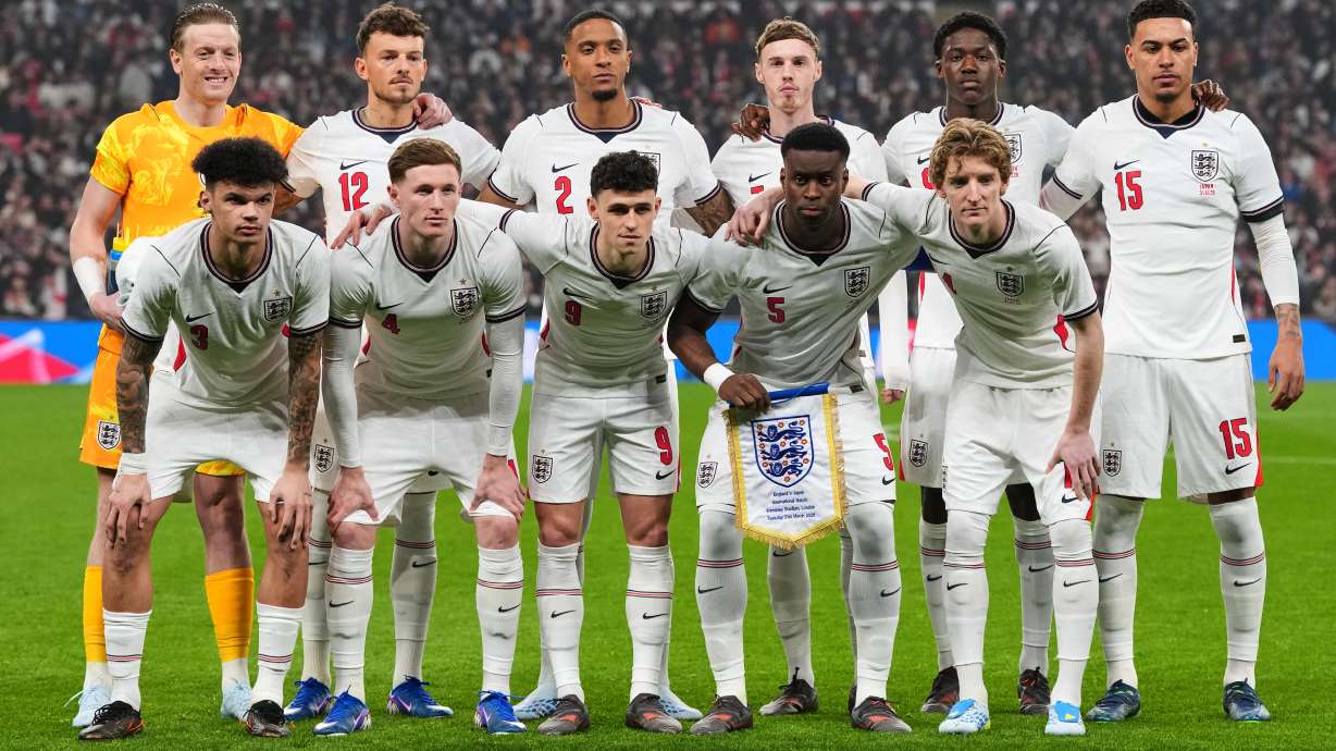 FILE - England players pose for a team photo before the start of the International friendly soccer match between England and Japan in London, Tuesday, March 31, 2026 .
