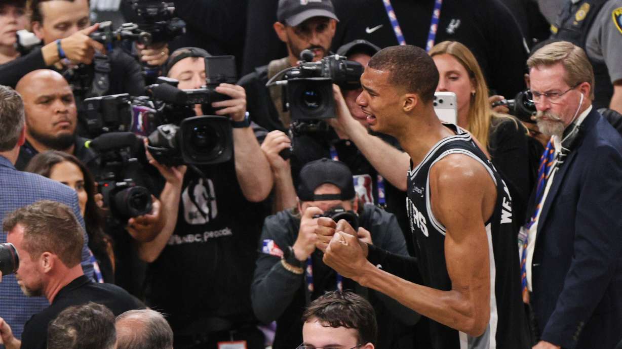 San Antonio Spurs forward Victor Wembanyama reacts after defeating the Oklahoma City Thunder in Game 7 of the Western Conference finals of the NBA basketball playoffs series Saturday, May 30, 2026, in Oklahoma City.