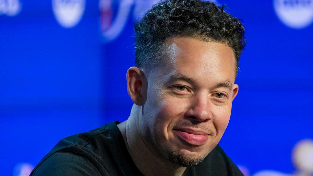 San Antonio Spurs head coach Mitch Johnson speaks to the media prior to the start of the NBA Finals basketball series against the New York Knicks, Tuesday, June 2, 2026, in San Antonio.