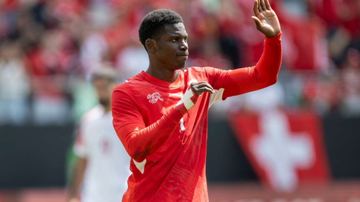 Switzerland's Breel Embolo celebrates scoring during the international friendly soccer match between Switzerland and Jordan in St. Gallen, Switzerland, Sunday, May 31, 2026.