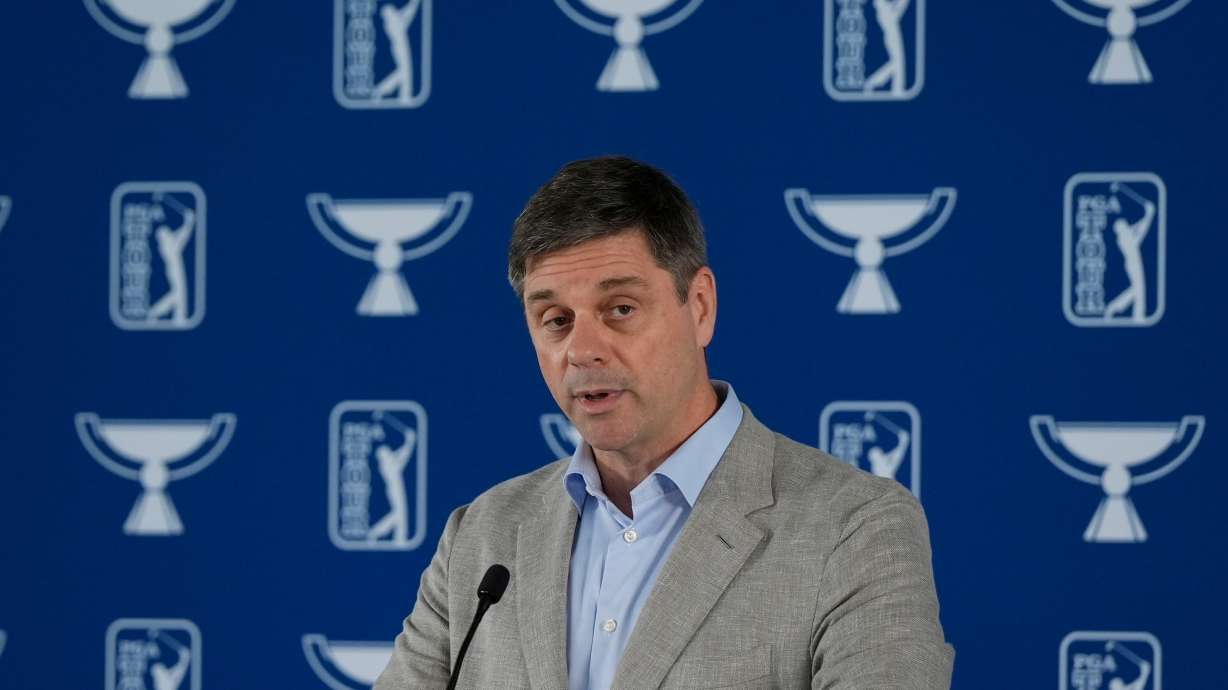 FILE - PGA Tour CEO Brian Rolapp speaks at the Tour Championship golf tournament, Wednesday, Aug. 20, 2025, in Atlanta.
