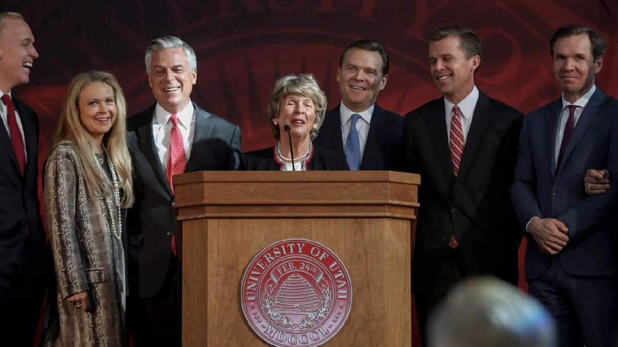 Karen Huntsman, center, is surrounded by family members during a press conference at the University of Utah's Park Building in Salt Lake City on Nov. 4, 2019, where the Huntsman family announced a $150 million commitment to establish the Huntsman Mental Health Institute at the U. Huntsman, businesswoman, philanthropist and matriarch of one of Utah’s most influential families, has died at age 88.