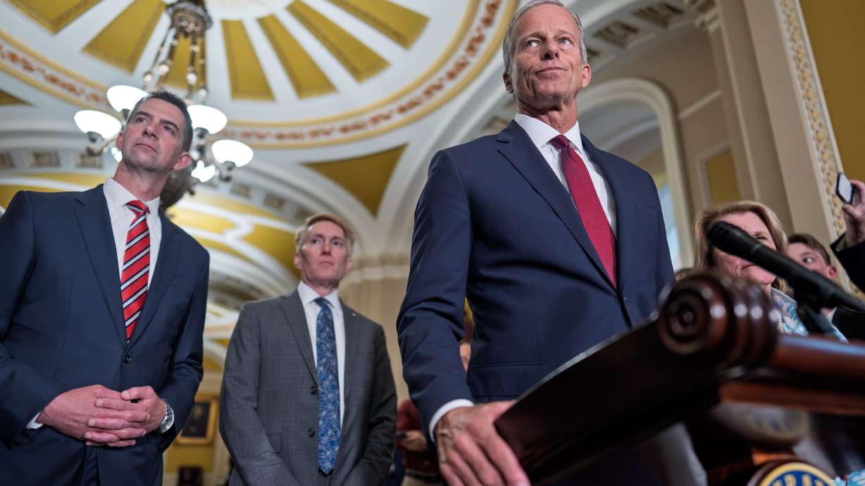 Senate Majority Leader John Thune, R-S.D., joined from left by Sen. Josh Hawley, R-Mo., and Sen. James Lankford, R-Okla., speaks to reporters after a closed-door meeting with fellow Republicans, at the Capitol in Washington on Tuesday.