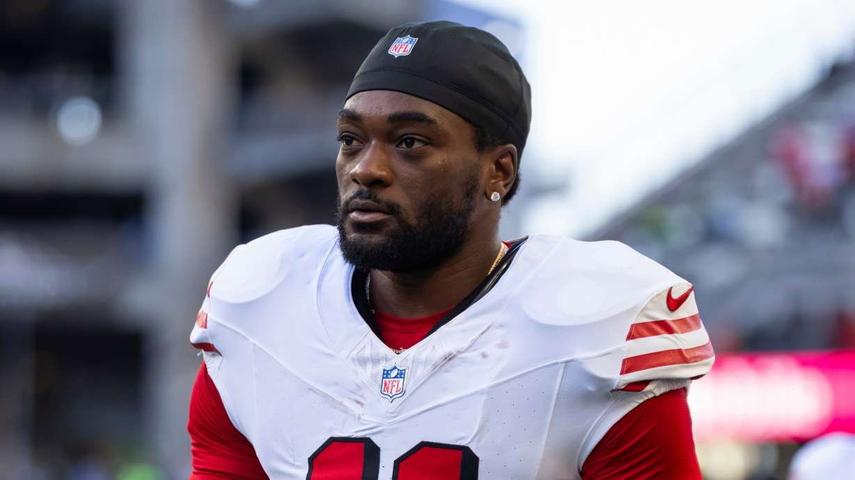 FILE - San Francisco 49ers wide receiver Brandon Aiyuk (11) walks of the field before an NFL football game against the Seattle Seahawks on Oct. 10, 2024 in Seattle.