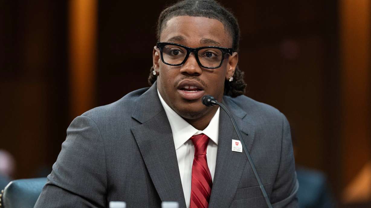 University of Utah student athlete Lance Holtzclaw testifies at a Senate Committee on Commerce, Science and Transportation hearing on Capitol Hill, Wednesday, in Washington. Holtzclaw's response drew some laughs from committee members.