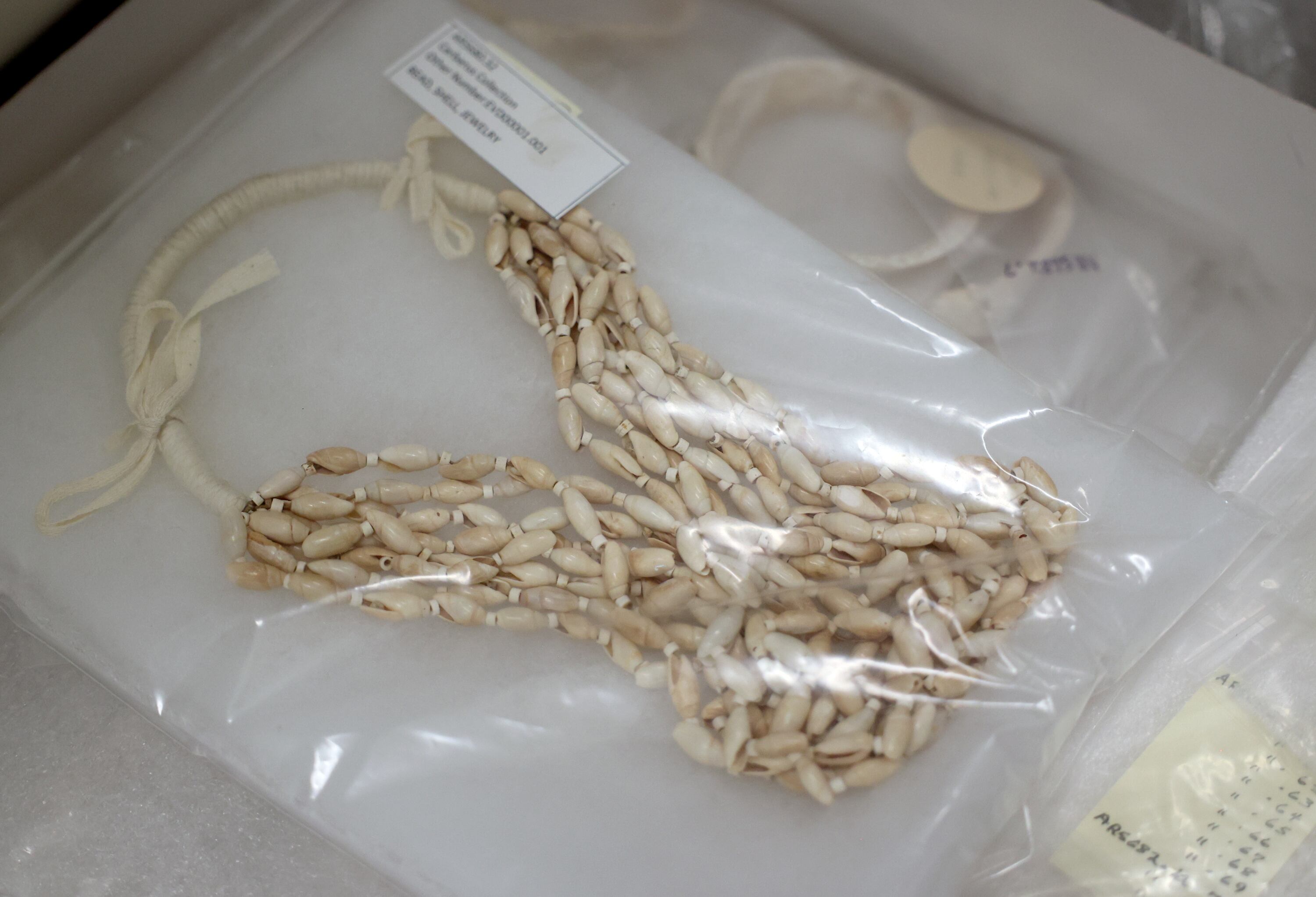 Jewelry made of shells and beads that is part of the Cerberus Collection is pictured at the Natural History Museum of Utah in Salt Lake City on May 29. More than 100,000 Indigenous items were recovered in a federal undercover operation and the Utah Bureau of Land Management and NHMU are cataloging the artifacts and returning them to tribal nations when possible.
