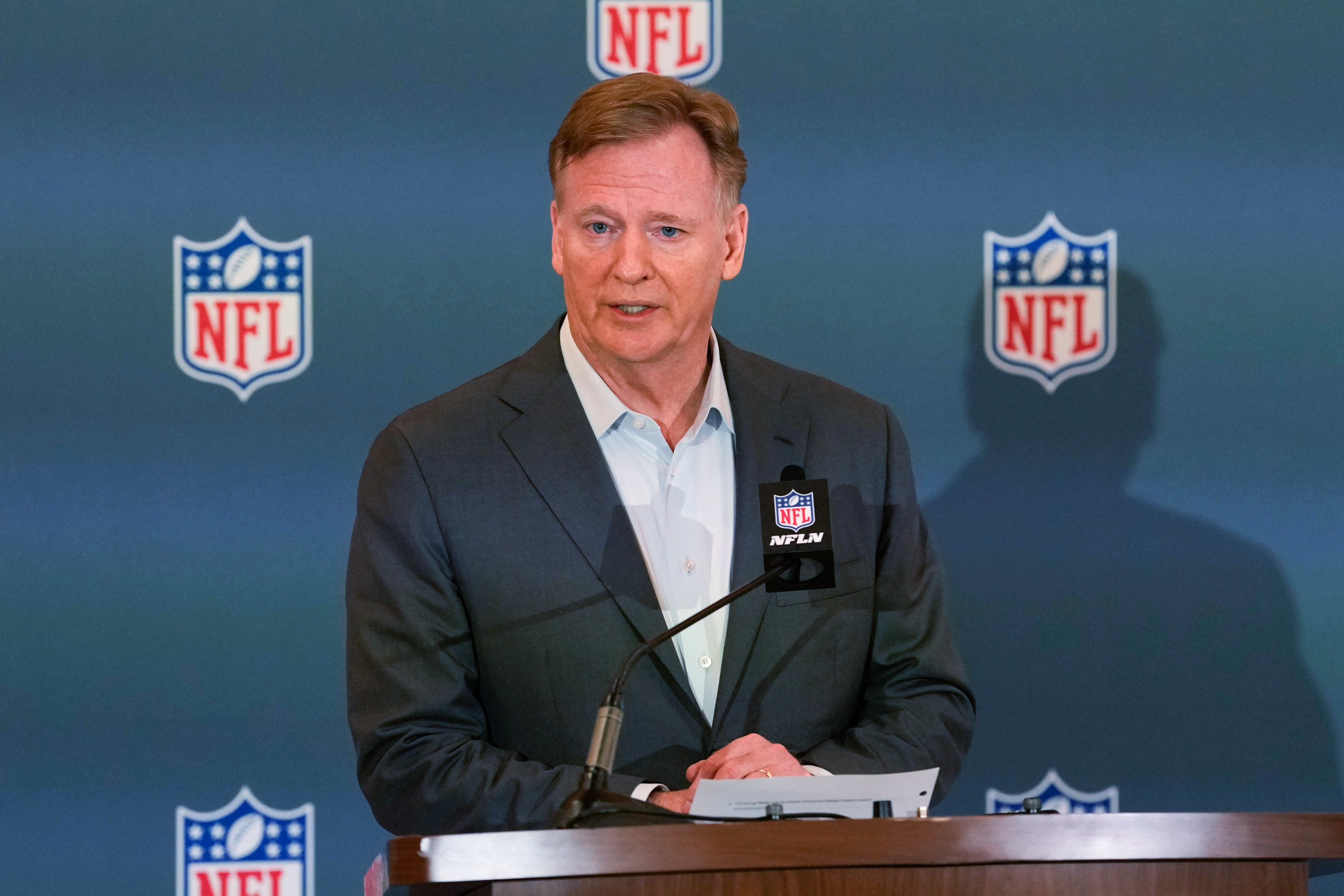 NFL commissioner Roger Goodell speaks at a news conference during the football owners' meetings Tuesday, May 19, 2026, in Orlando, Fla. 