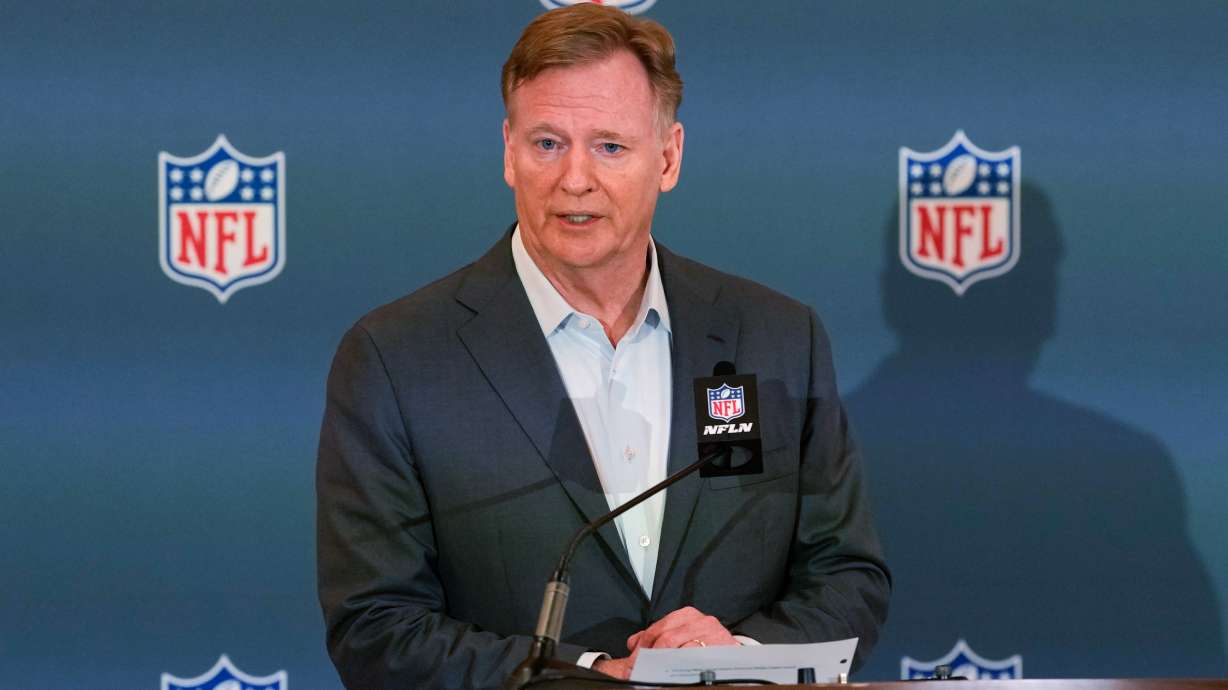 NFL commissioner Roger Goodell speaks at a news conference during the football owners' meetings Tuesday, May 19, 2026, in Orlando, Fla.