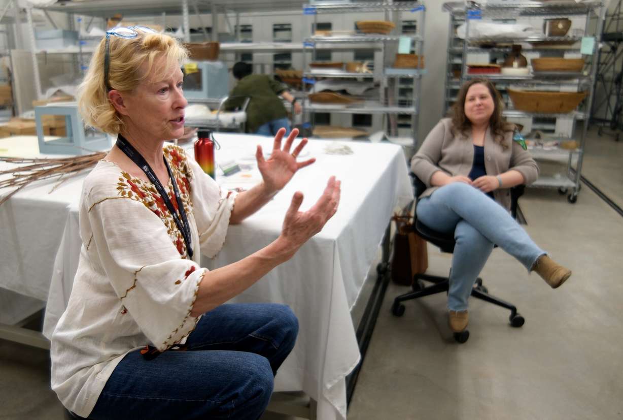Anne Lawlor, Natural History Museum of Utah anthropology collections manager, talks with the Deseret News at the NHMU in Salt Lake City on May 29. Lawlor is participating in ongoing work with the Cerberus Project, involving more than 100,000 Indigenous items that were recovered in a federal undercover operation. The Utah BLM and NHMU are cataloging the artifacts and returning them to tribal nations when possible.