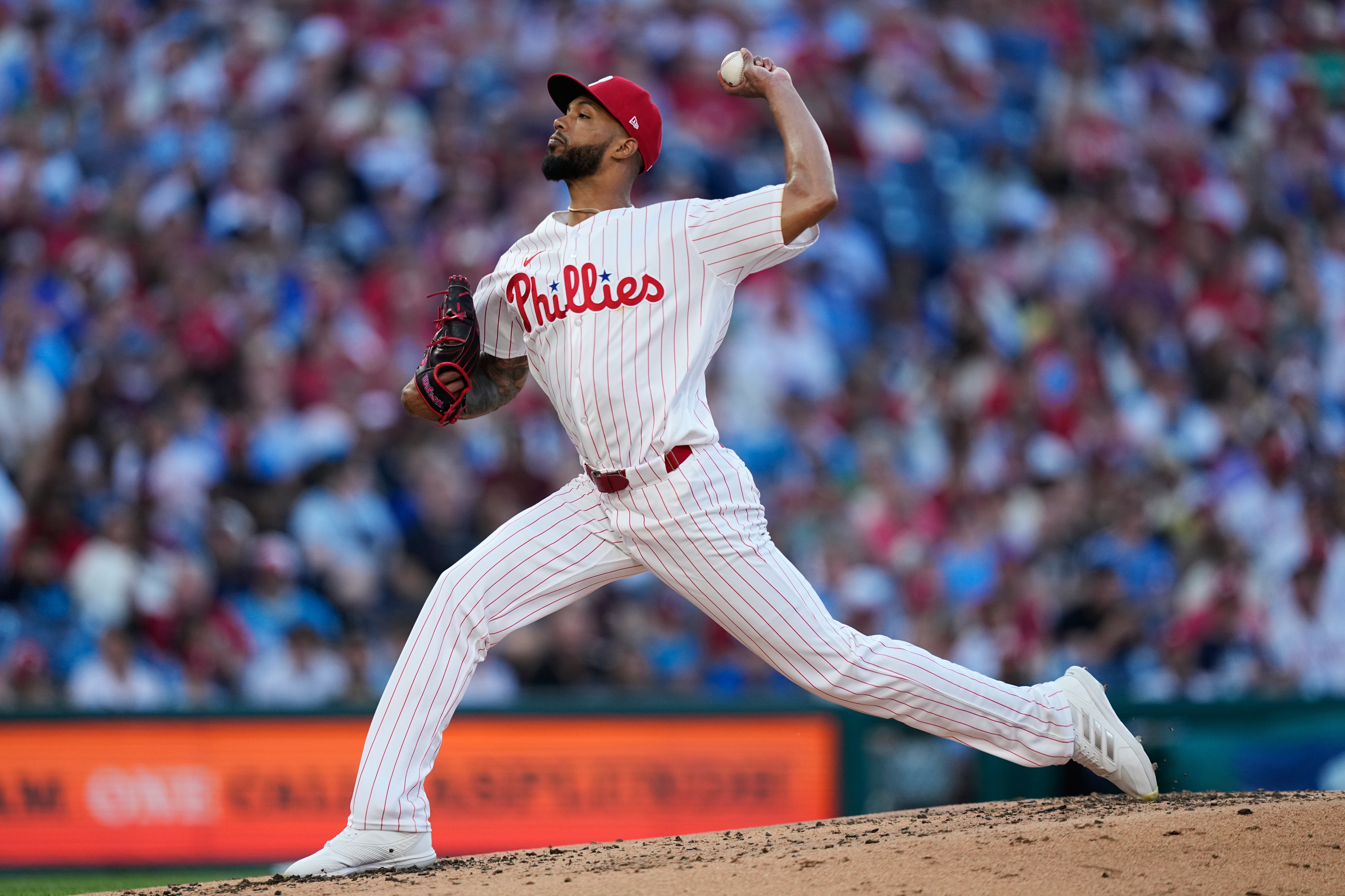 Philadelphia Phillies' Cristopher Sánchez pitches during the third inning of a baseball game against the San Diego Padres on Wednesday, June 3, 2026, in Philadelphia. 