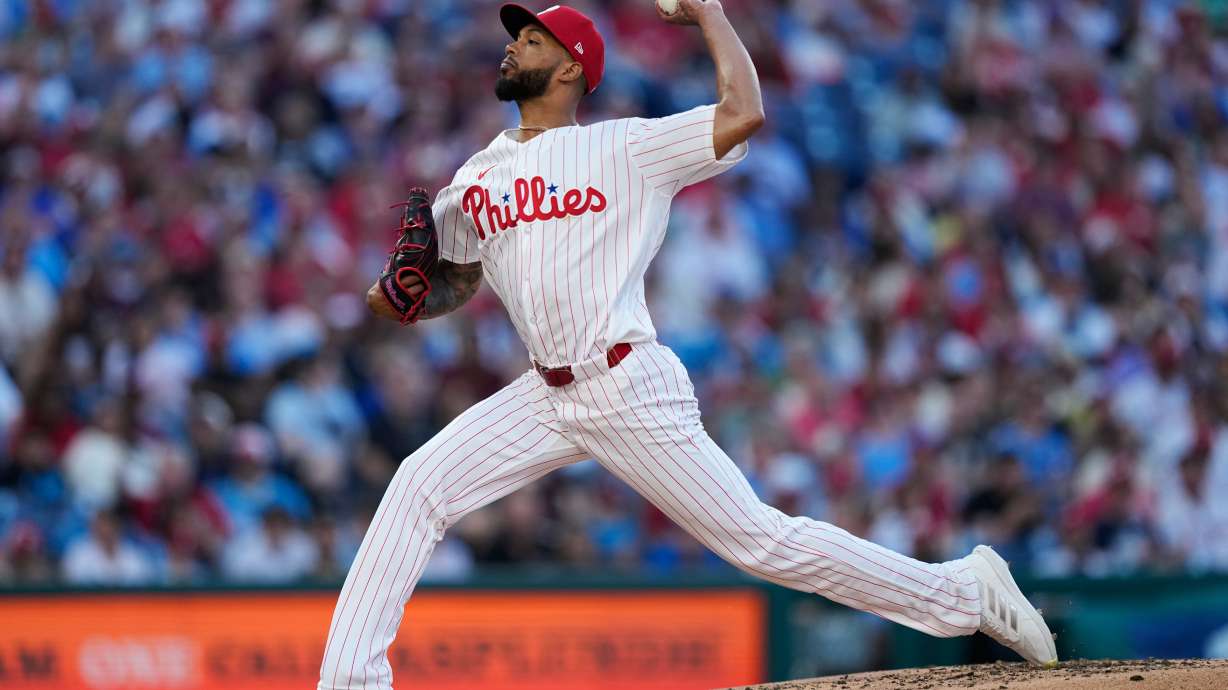 Philadelphia Phillies' Cristopher Sánchez pitches during the third inning of a baseball game against the San Diego Padres on Wednesday, June 3, 2026, in Philadelphia.