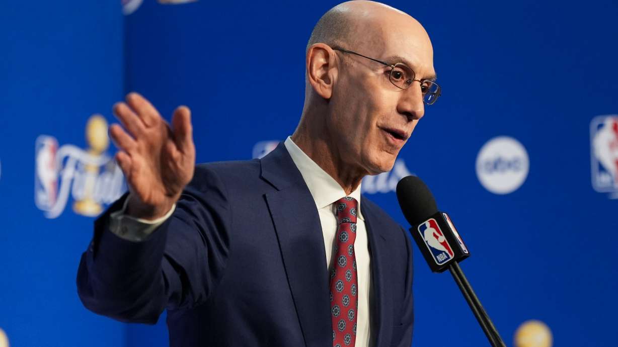 NBA Commissioner Adam Silver speaks prior to Game 1 of the NBA Finals basketball series between the New York Knicks and the San Antonio Spurs, Wednesday, June 3, 2026, in San Antonio.