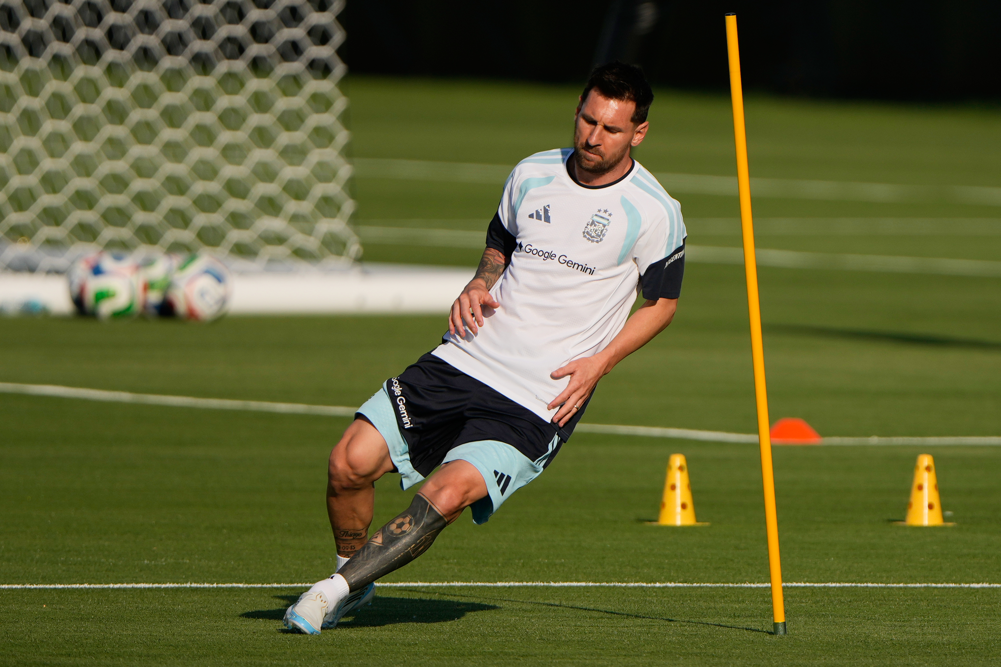 Argentina forward Lionel Messi works out during practice for the FIFA World Cup soccer Wednesday, June 3, 2026, in Kansas City, Kan.. 