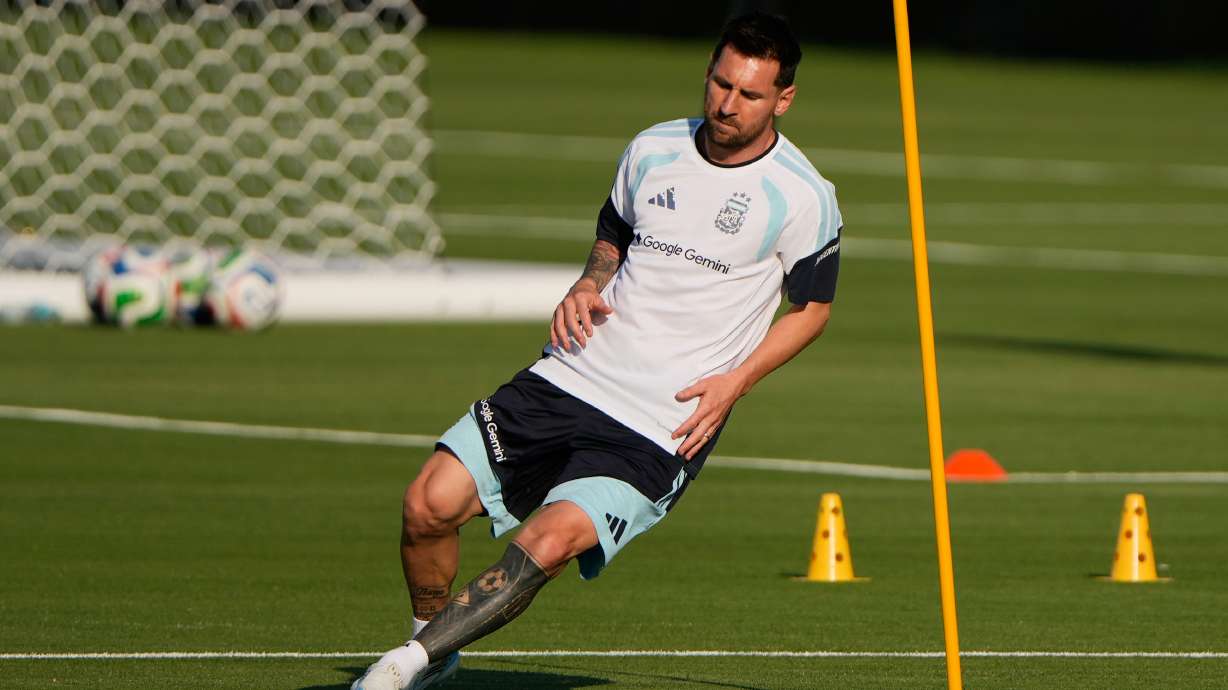Argentina forward Lionel Messi works out during practice for the FIFA World Cup soccer Wednesday, June 3, 2026, in Kansas City, Kan..