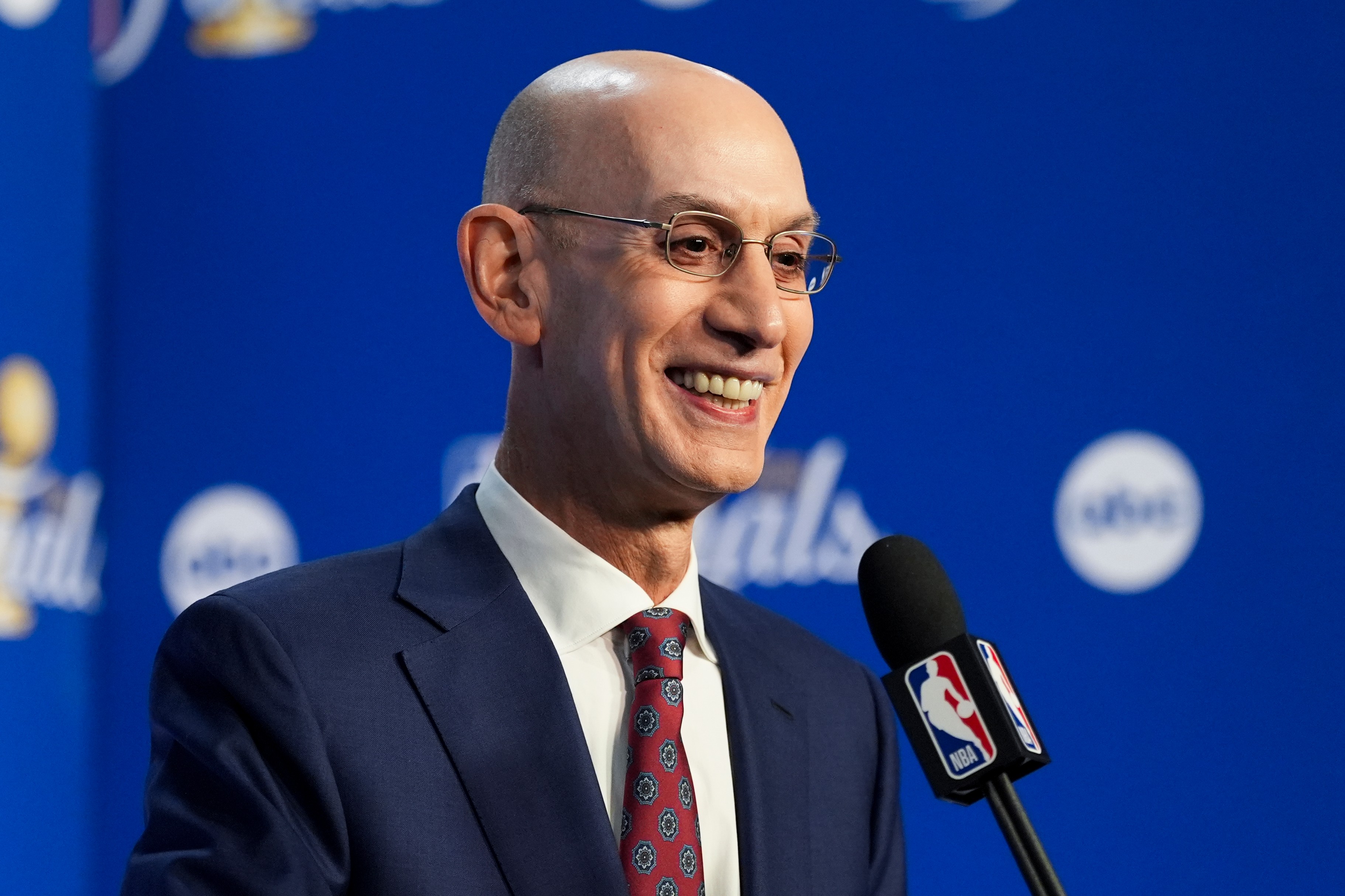 NBA Commissioner Adam Silver speaks prior to Game 1 of the NBA Finals basketball series between the New York Knicks and the San Antonio Spurs, Wednesday, June 3, 2026, in San Antonio. 